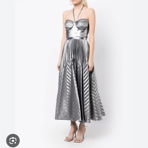 Marchesa Notte silver pleated halter neck midi dress
